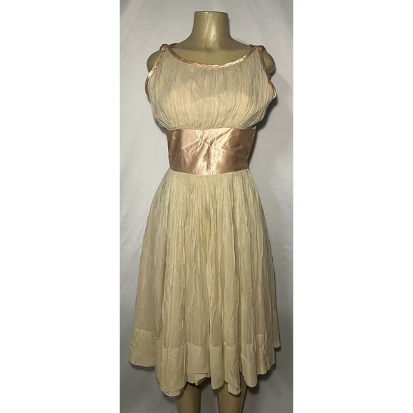 Vintage 1950/60's Slip Dress Crepe & Satin Cream & Pink Empire Waist Lin… - Picture 2 of 12